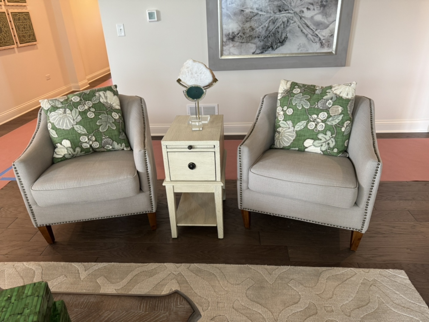 Pair of Beige Accent Chairs with Nailhead Trim