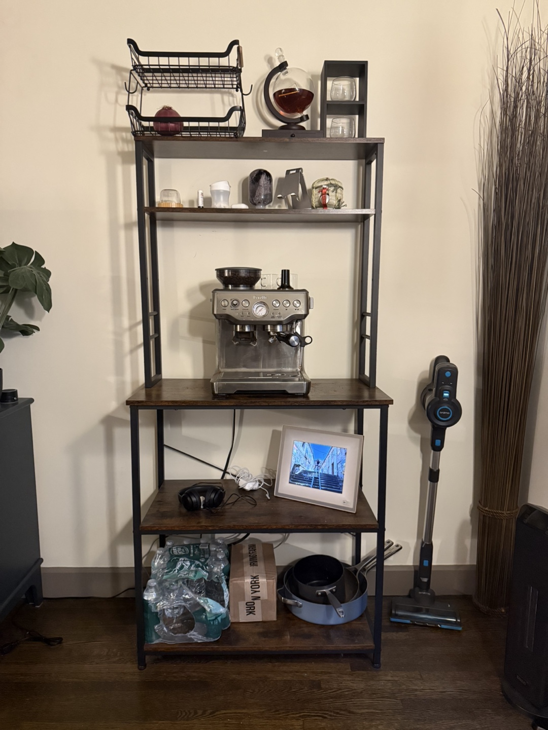 Rustic Brown Kitchen Baker's Rack with Black Metal Frame
