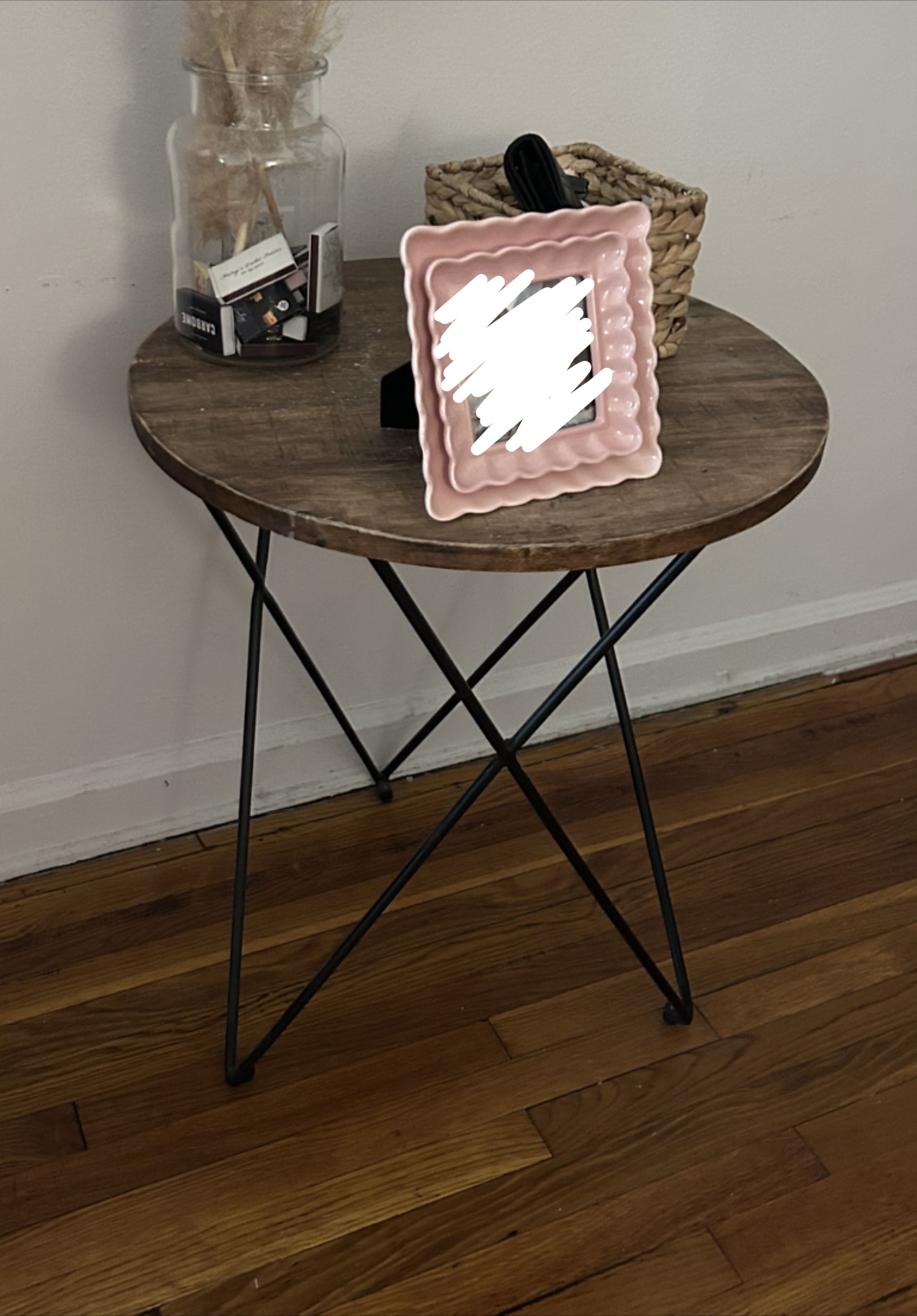Round Wooden Side Table with Black Metal Legs