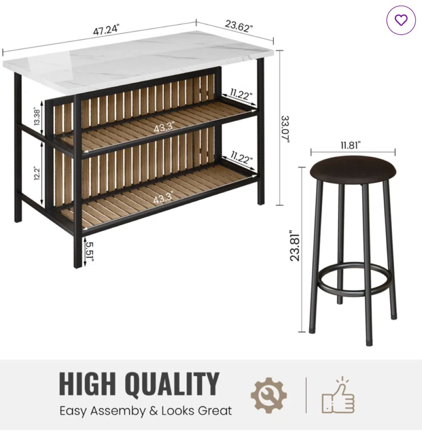 Kitchen Island with Two Stools - Marble Top & Black Frame - photo 4