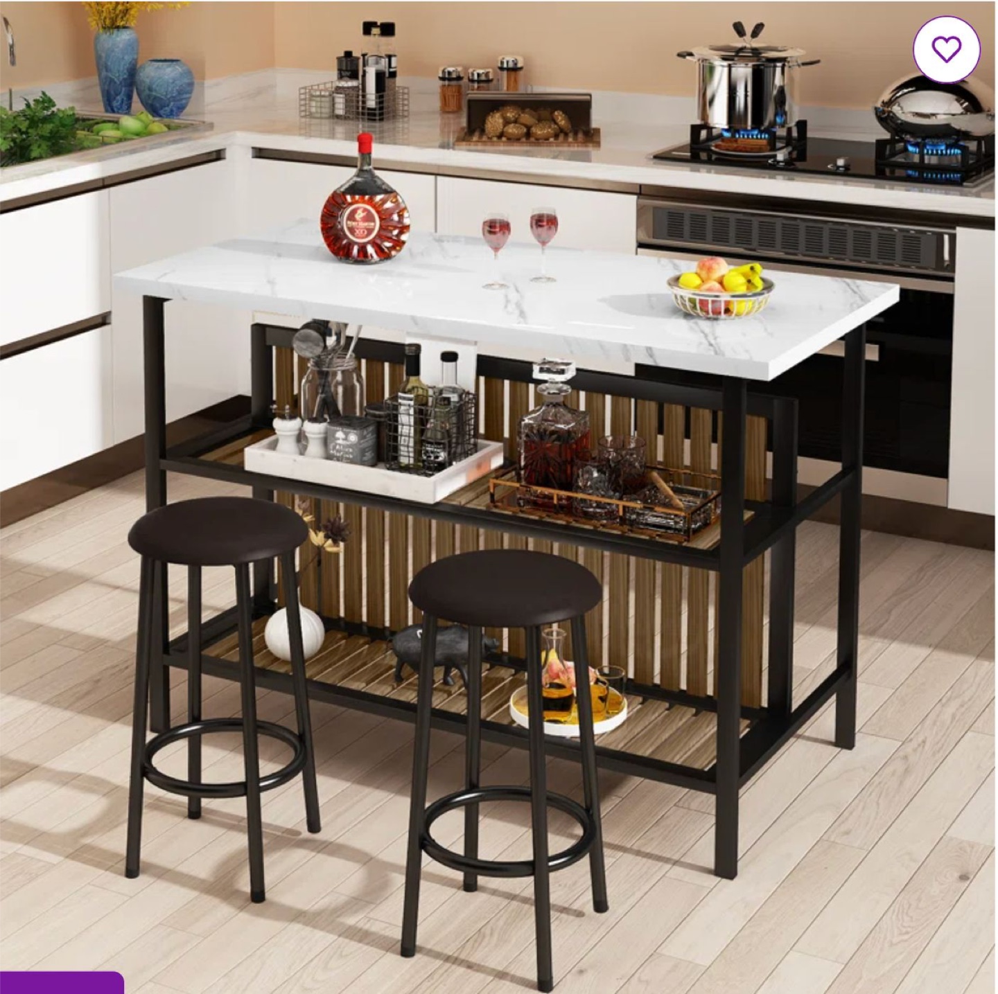 Kitchen Island with Two Stools - Marble Top & Black Frame - photo 2