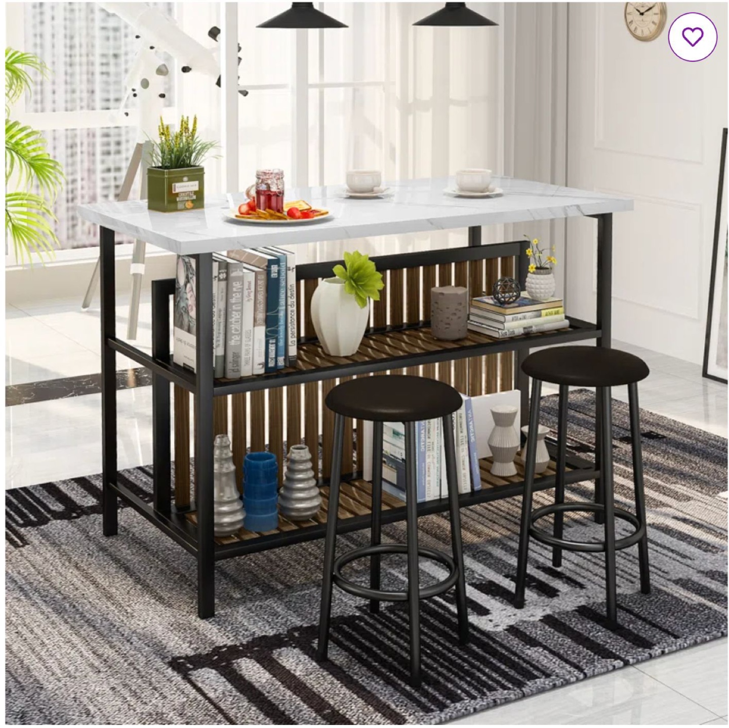 Kitchen Island with Two Stools - Marble Top & Black Frame