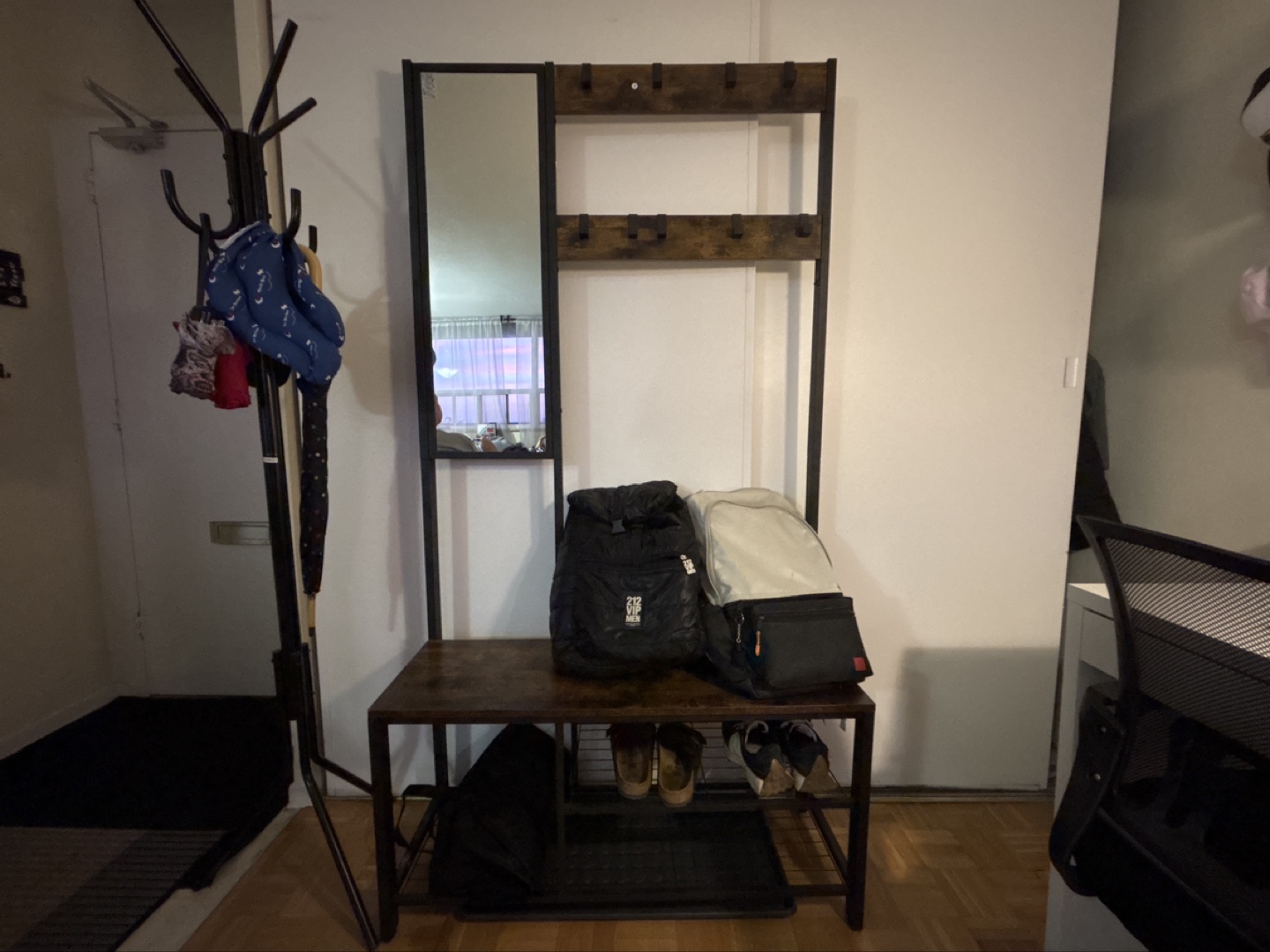Industrial Hall Tree with Mirror and Shoe Rack