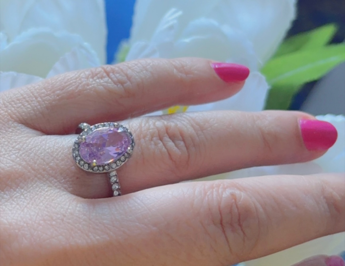 Elegant Pink Oval Ring with CZ Accents