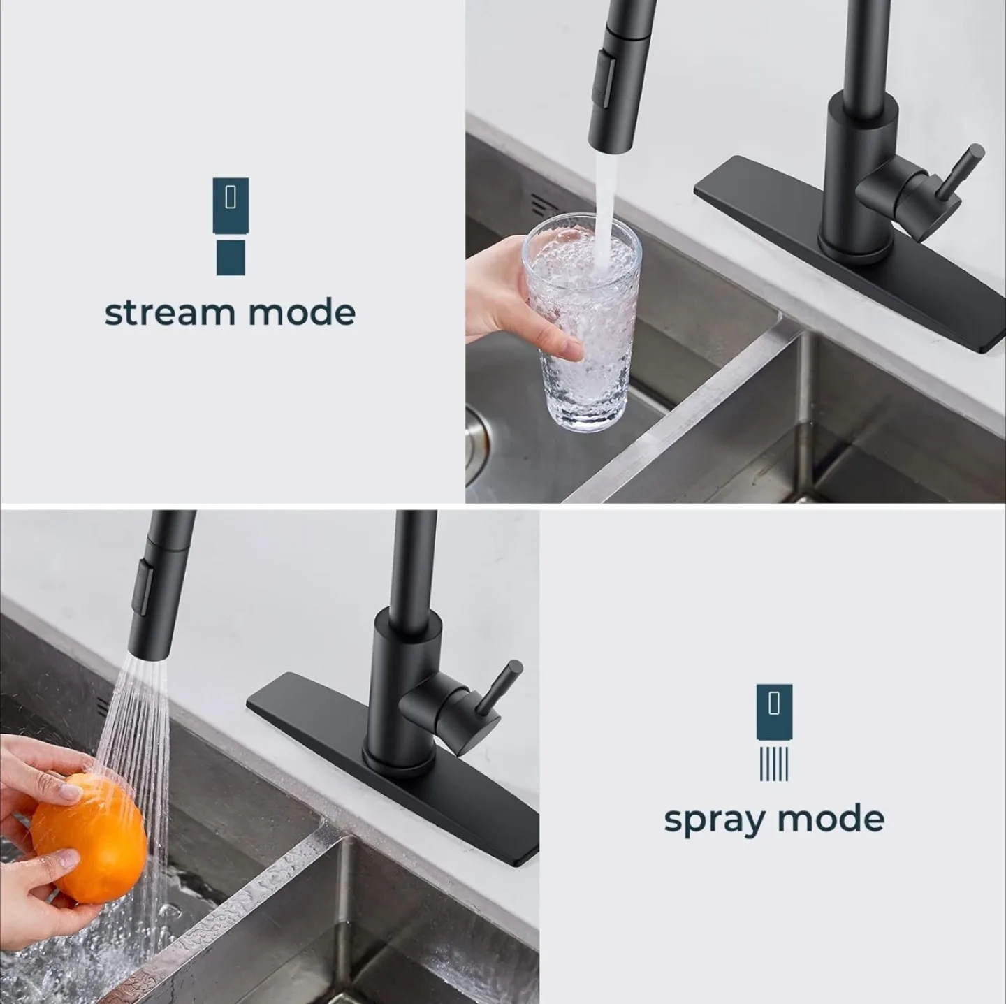 Black Pull-Down Kitchen Faucet with Spray and Stream Modes image indicator(4)