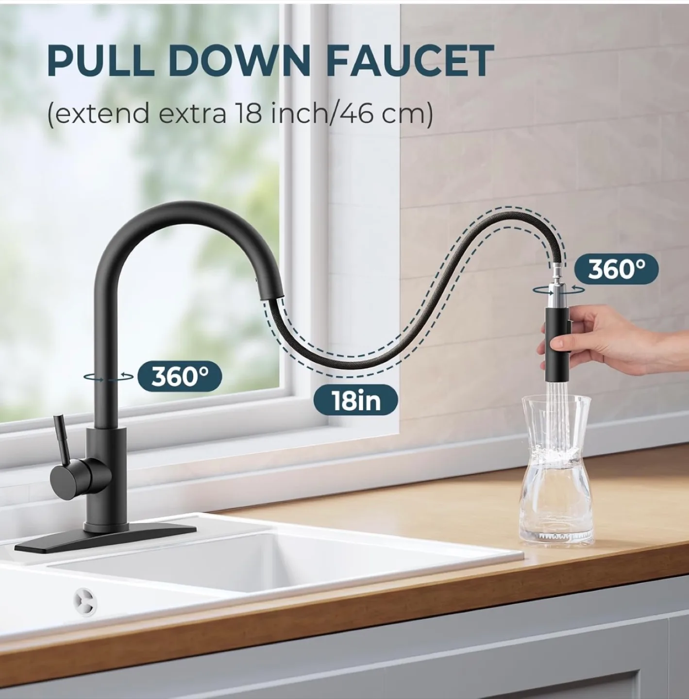 Black Pull-Down Kitchen Faucet with Spray and Stream Modes image indicator(3)