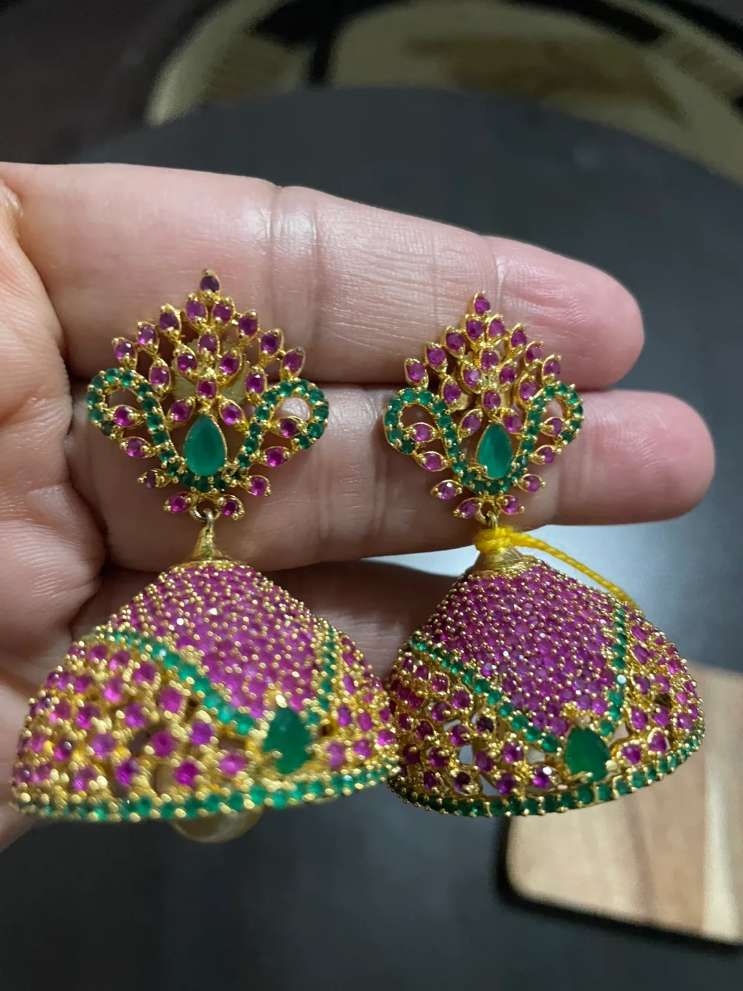 🏒jhumka Earrings with Pink and Green Stones thumbnail