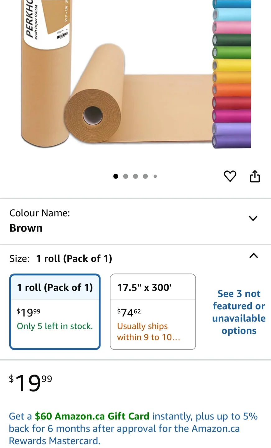 PerkHomy Brown Kraft Paper Roll - 17.5" x 100" thumbnail