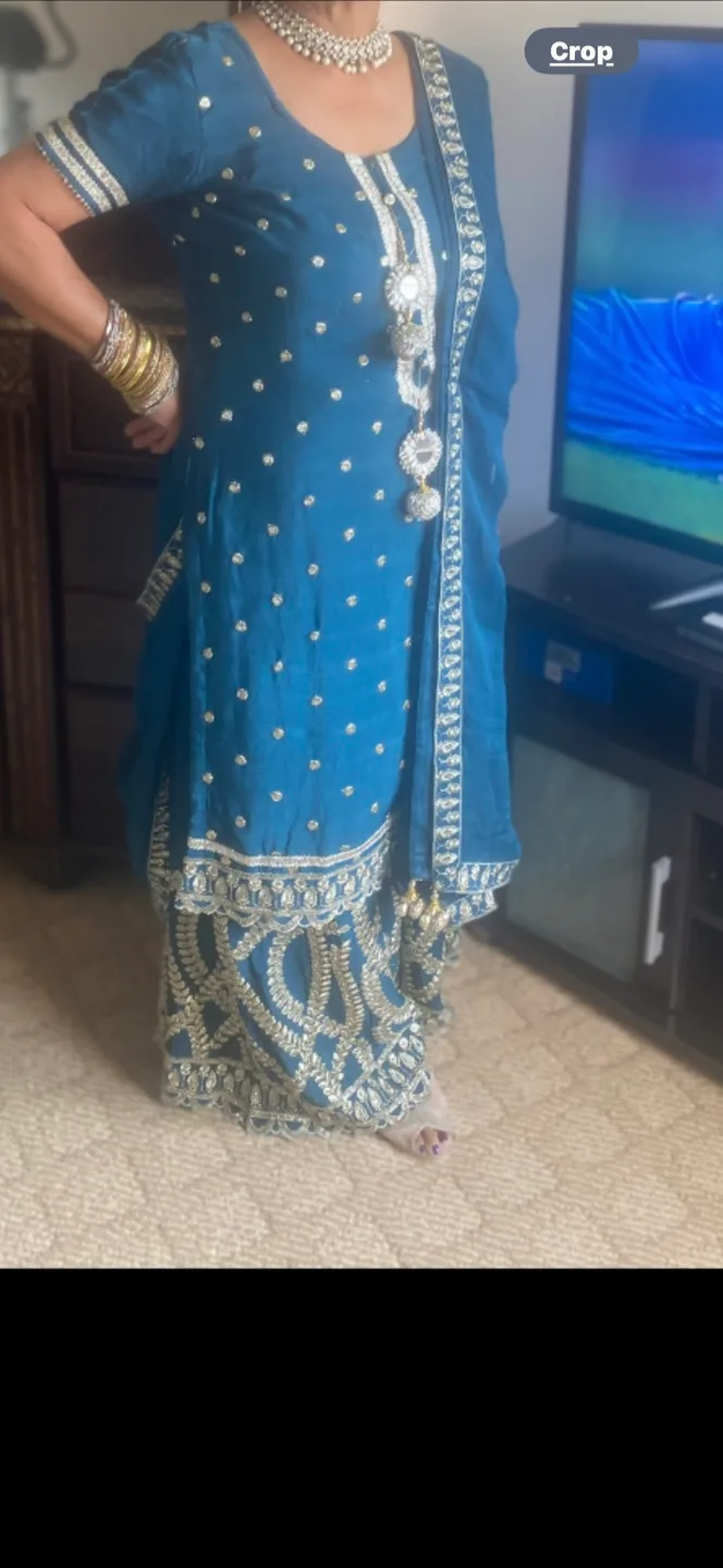 Teal and Gold Embroidered sharara with duppatta thumbnail