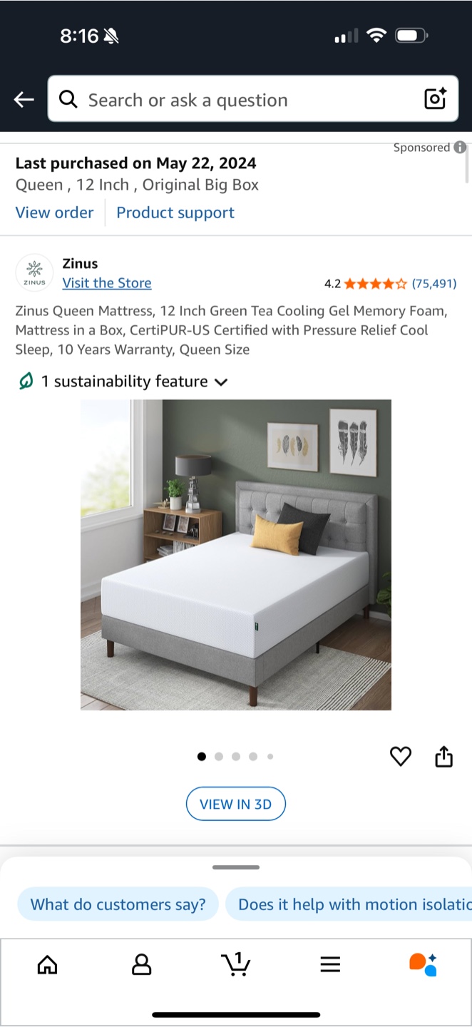 Zinus Queen 12 Inch Green Tea Cooling Gel Memory Foam Mattress