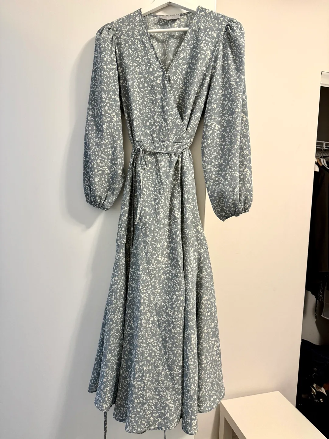 Dusty Blue Floral Wrap Midi Dress from Korea thumbnail