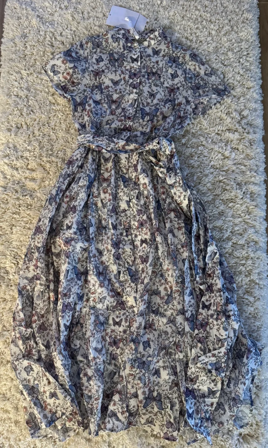 Floral midi dress with short sleeves and self-tie belt thumbnail