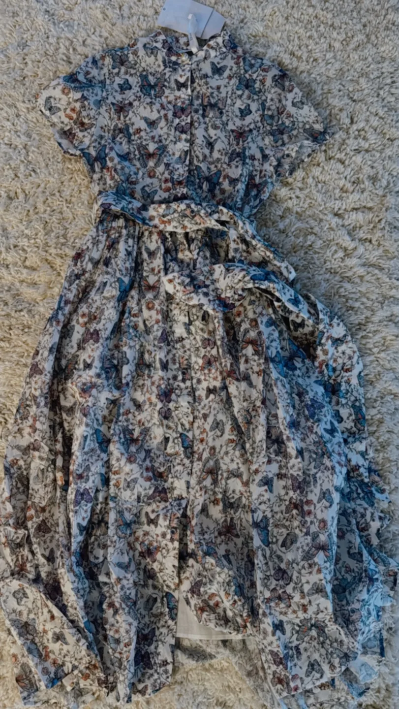 Floral midi dress with short sleeves and self-tie belt image indicator(2)