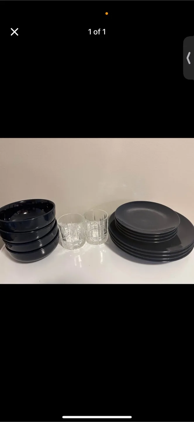 Dark blue dinnerware set with glasses