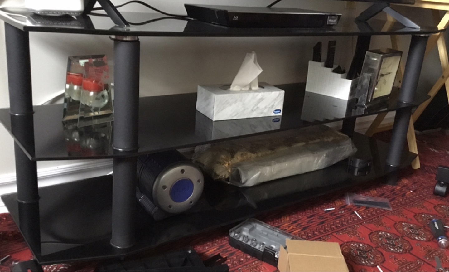 Black Glass Three-Tier TV Stand