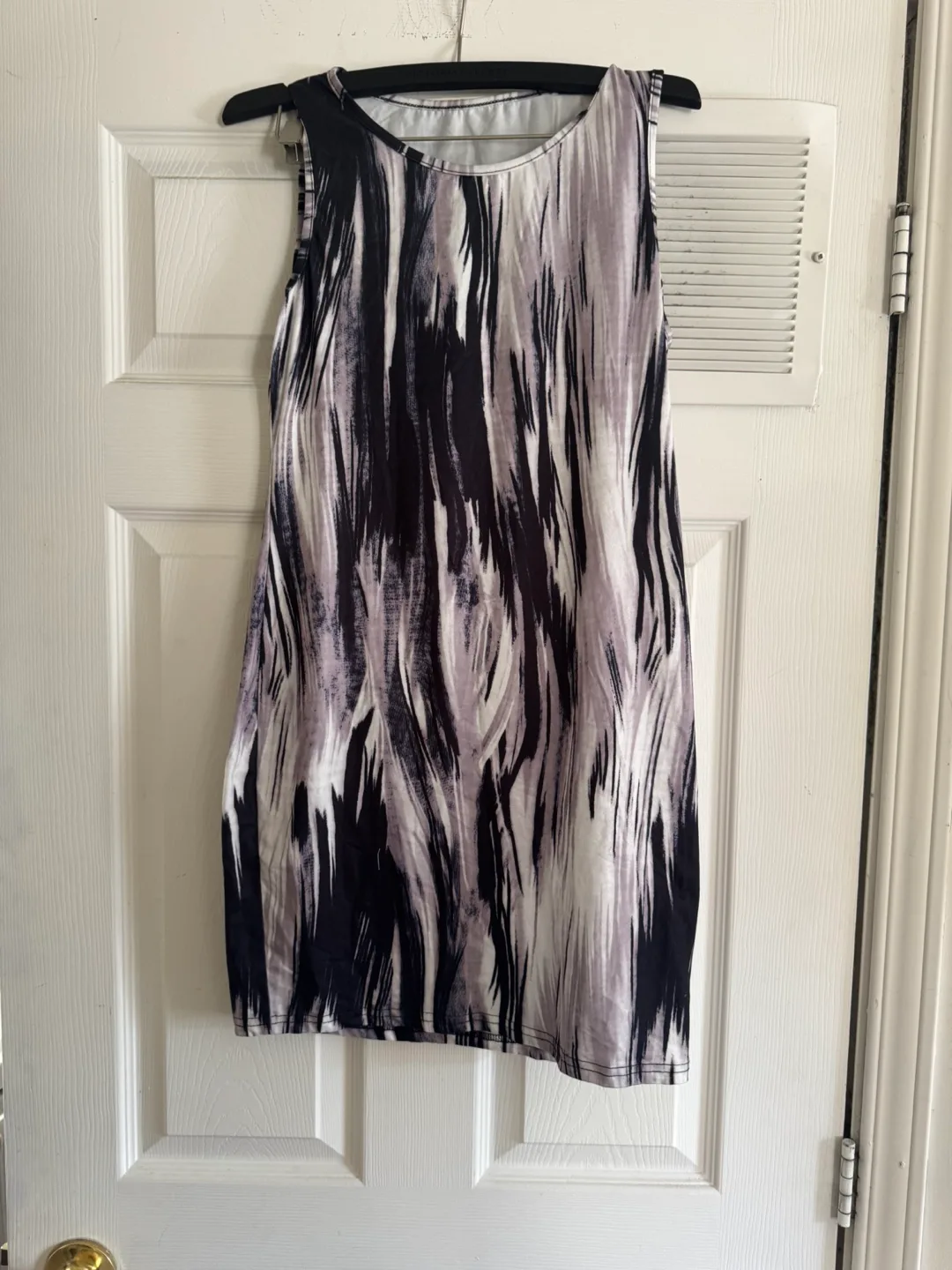 Women's sleeveless mini dress, black and white abstract print thumbnail