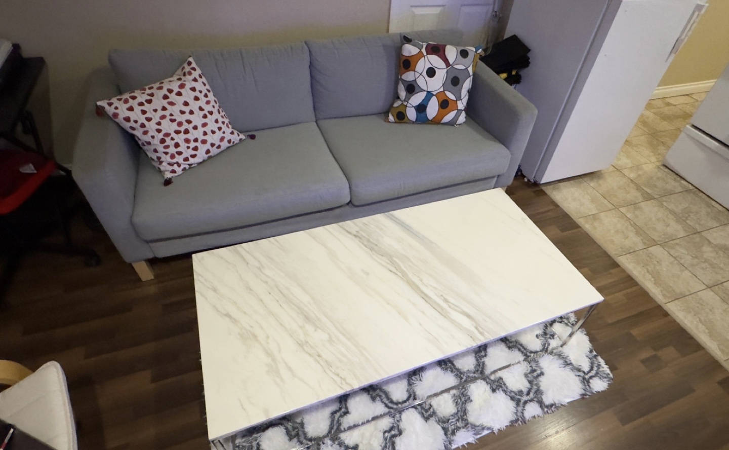 Modern Coffee Table with Marble Top and couch