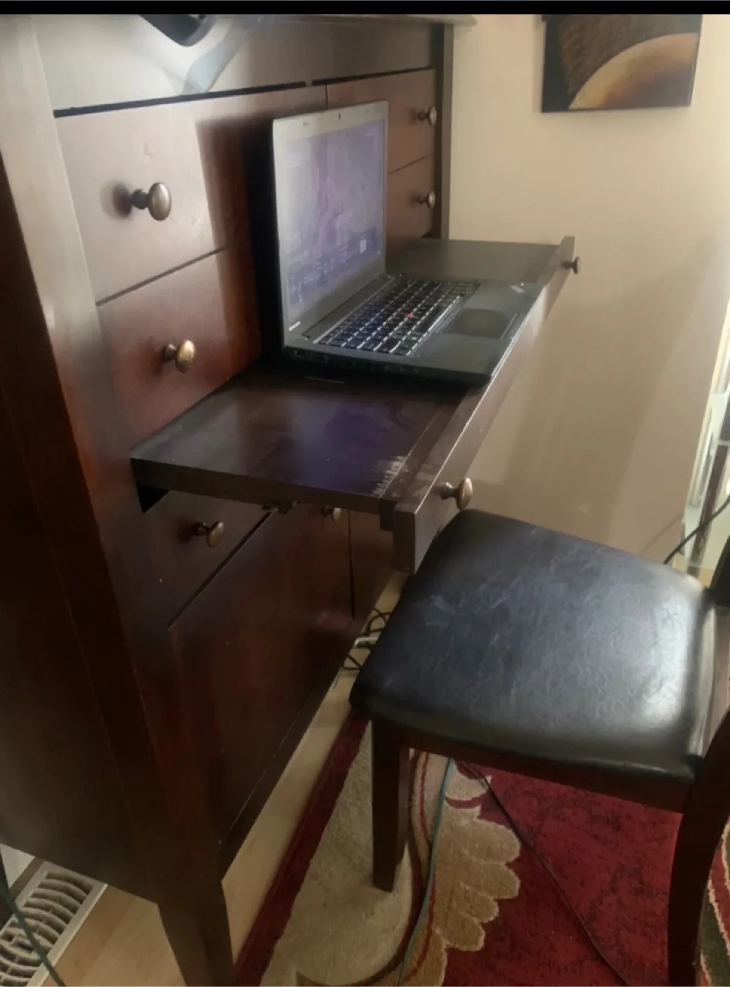 Dark brown wooden secretary desk with pull-out keyboard tray image indicator(3)