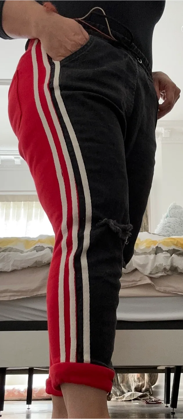 Distressed Black and Red Jeans with Side Stripes image indicator(6)