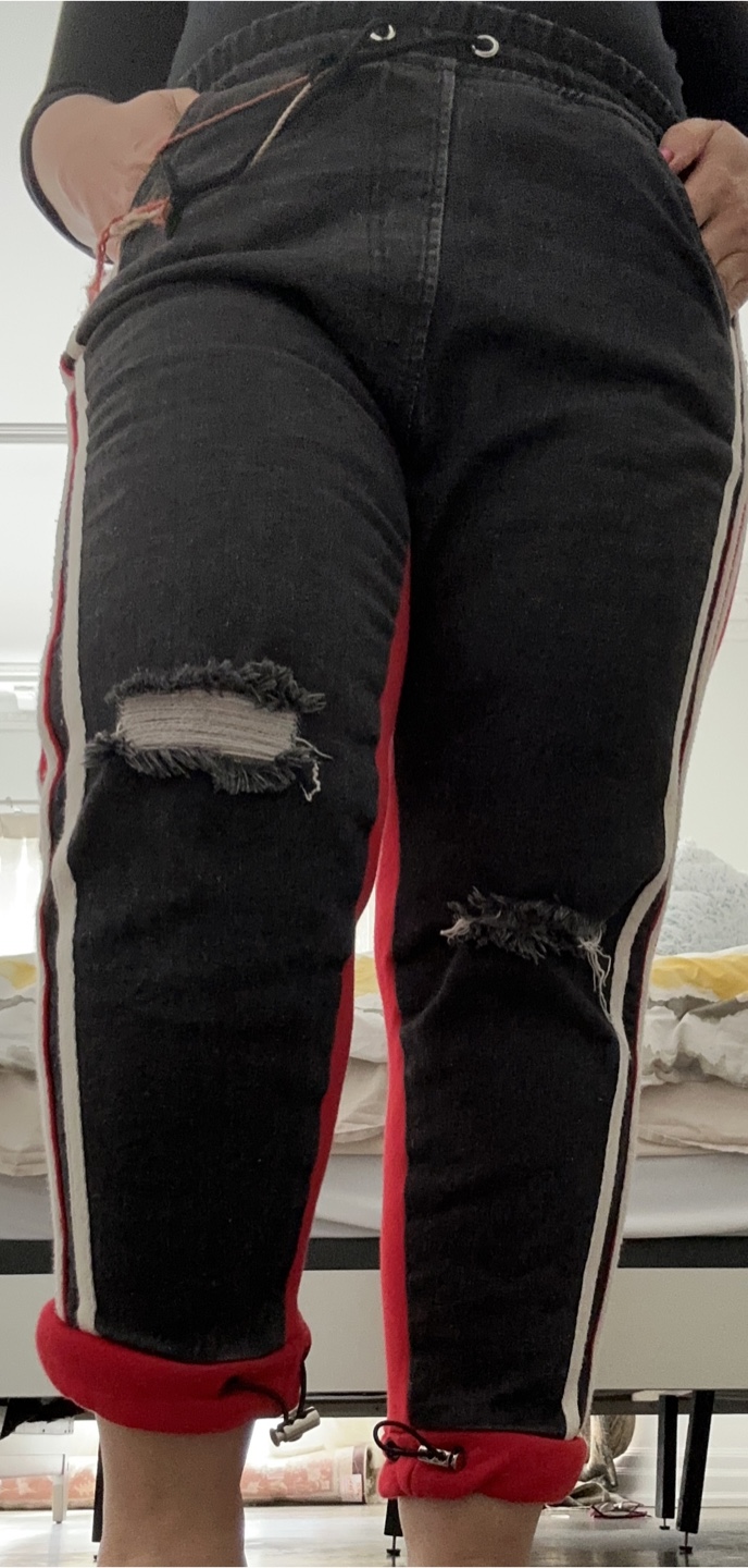 Distressed Black and Red Jeans with Side Stripes - photo 3