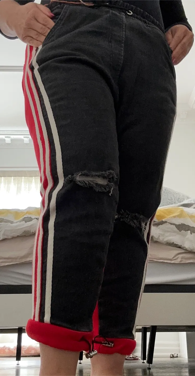 Distressed Black and Red Jeans with Side Stripes image indicator(5)