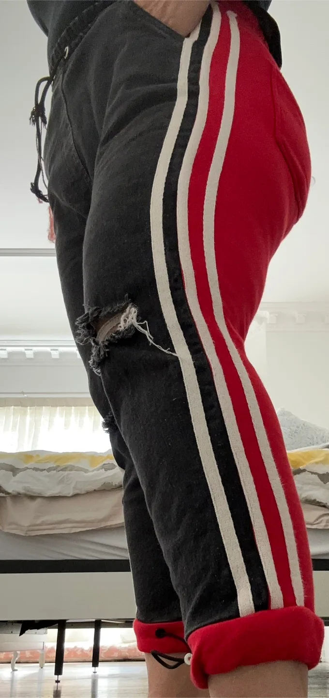 Distressed Black and Red Jeans with Side Stripes image indicator(2)