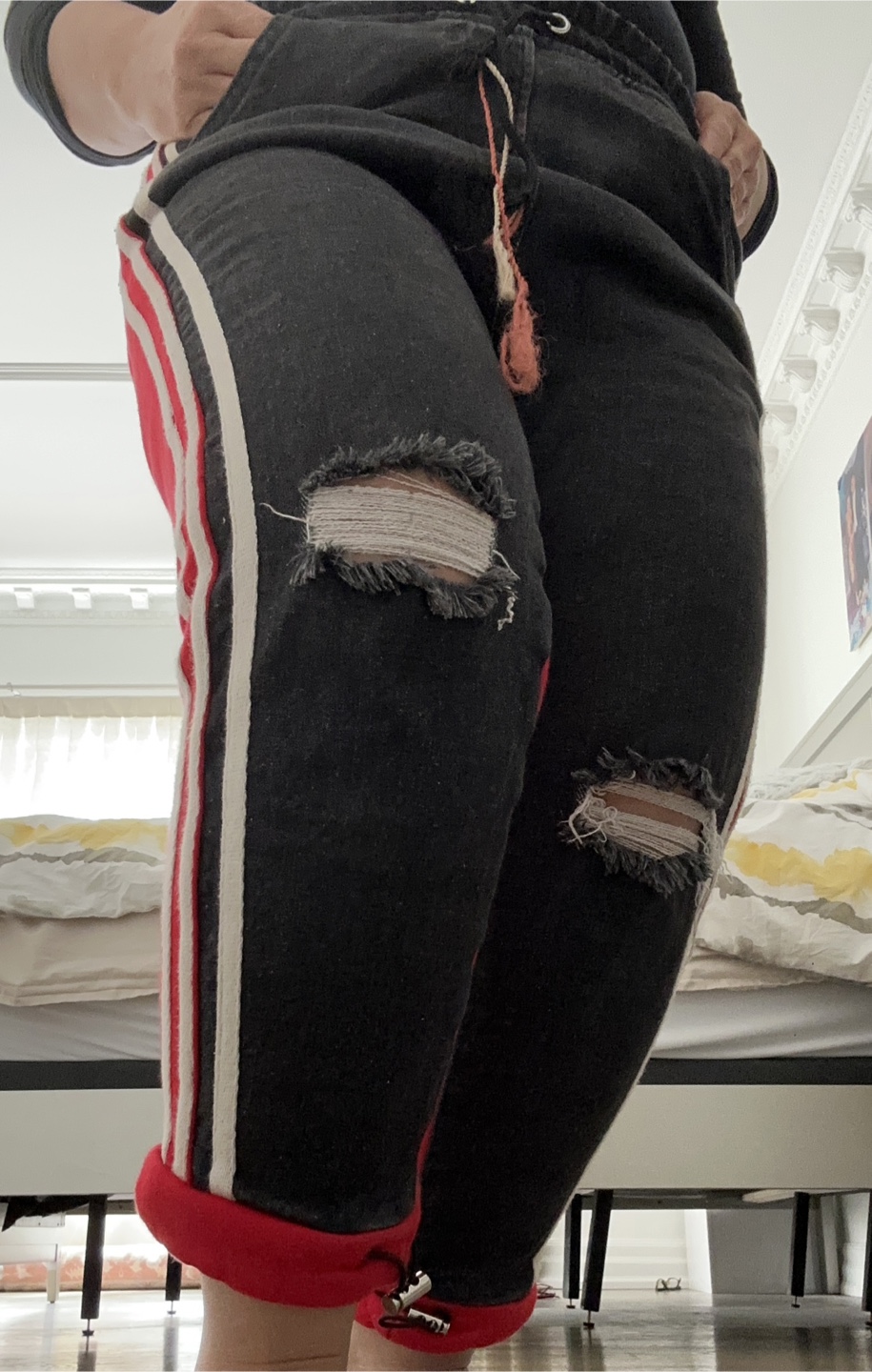 Distressed Black and Red Jeans with Side Stripes
