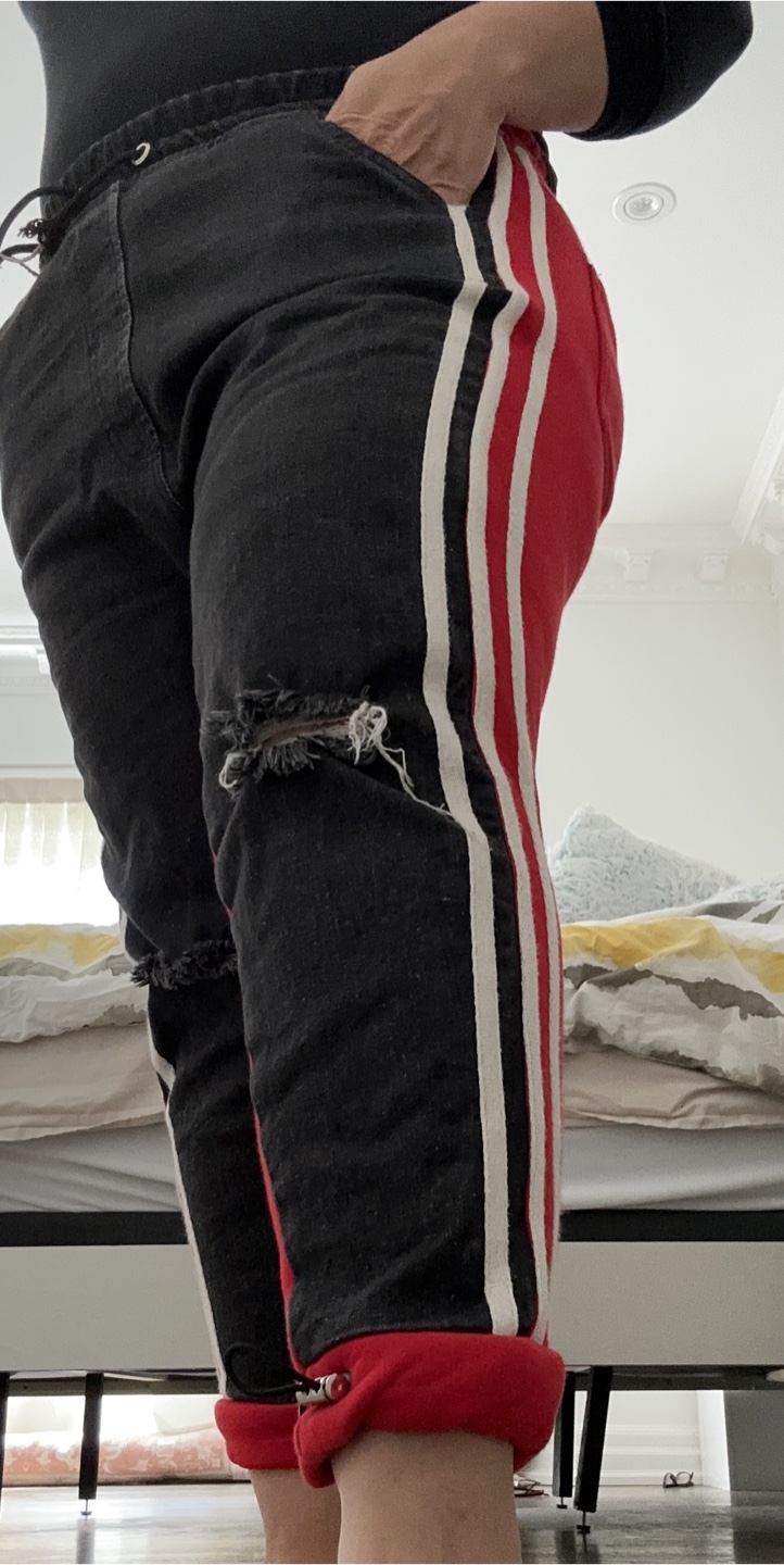 Distressed Black and Red Jeans with Side Stripes - photo 4