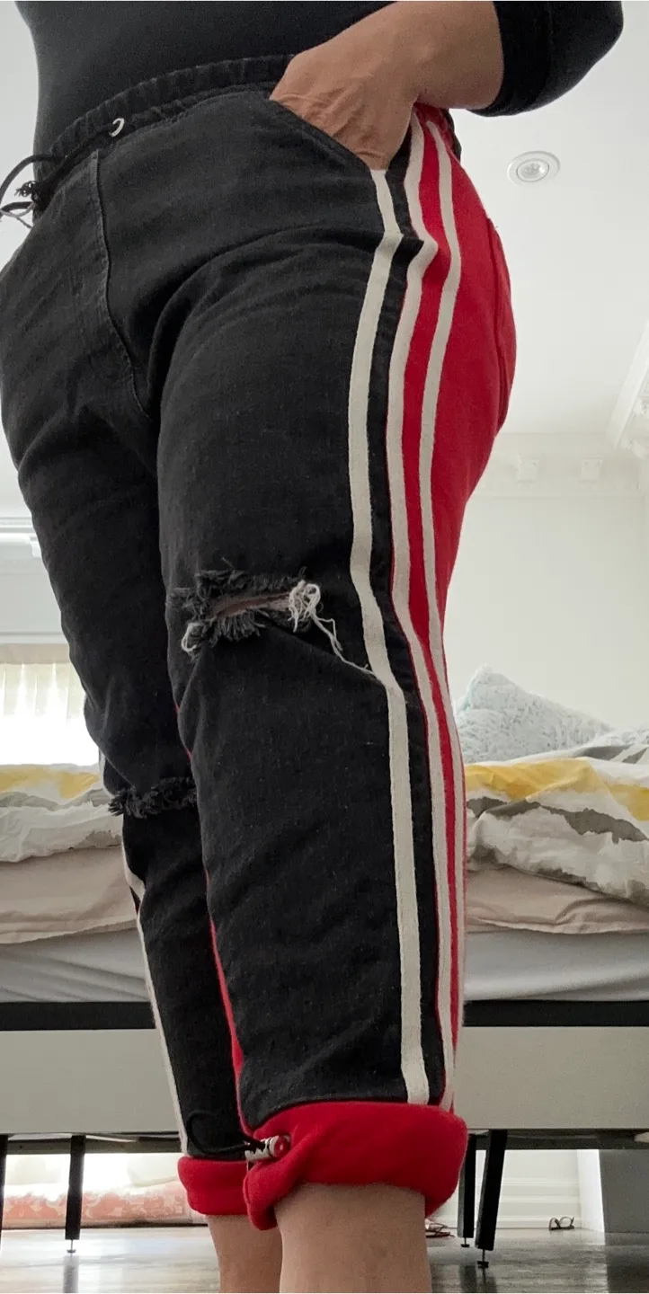 Distressed Black and Red Jeans with Side Stripes image indicator(4)