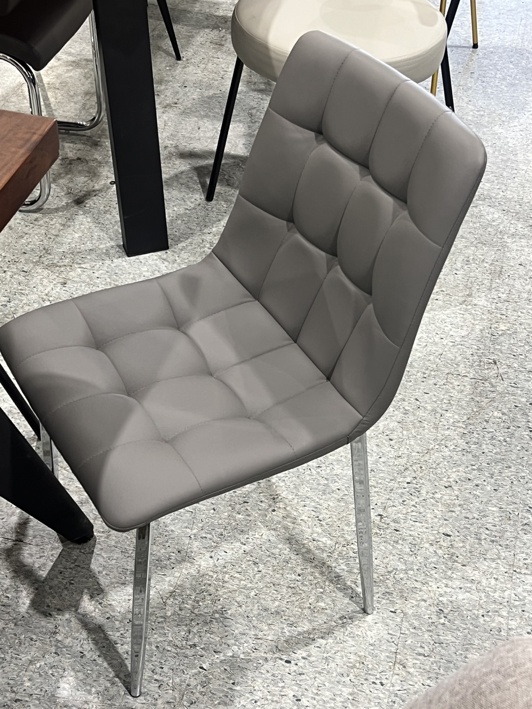 Grey Button Tufted Dining Chair with Chrome Legs
