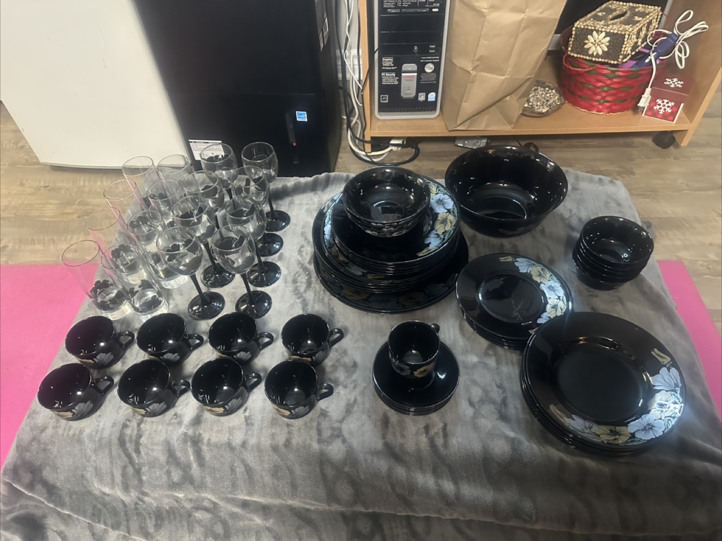 Vintage Black Glass Dinnerware Set with Floral Design