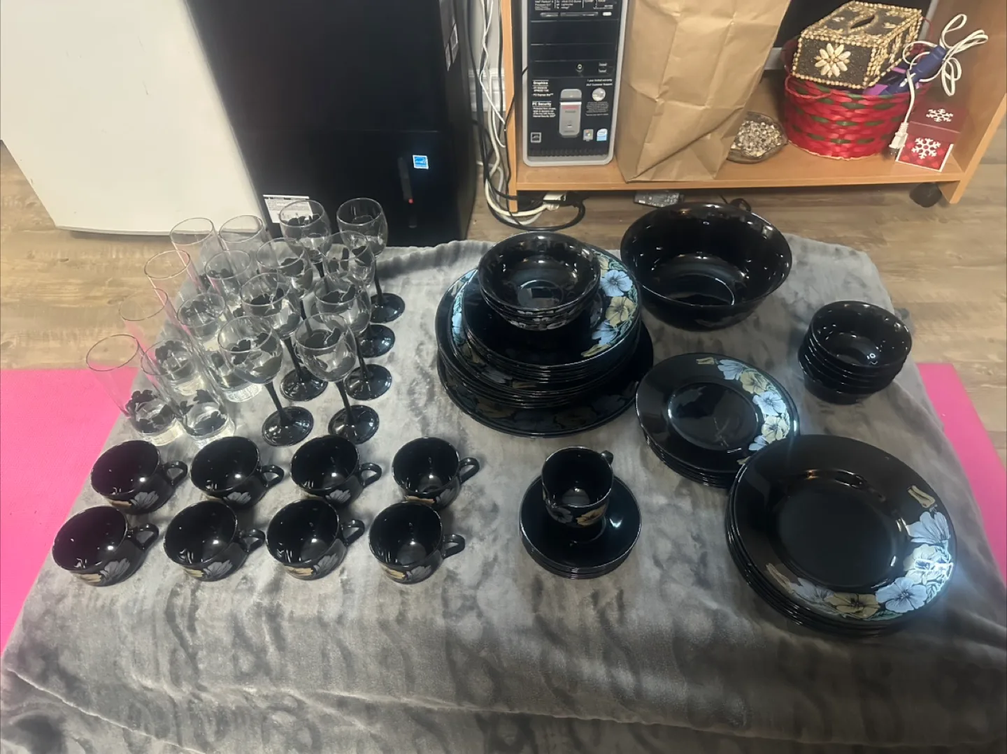 Vintage Black Glass Dinnerware Set with Floral Design thumbnail