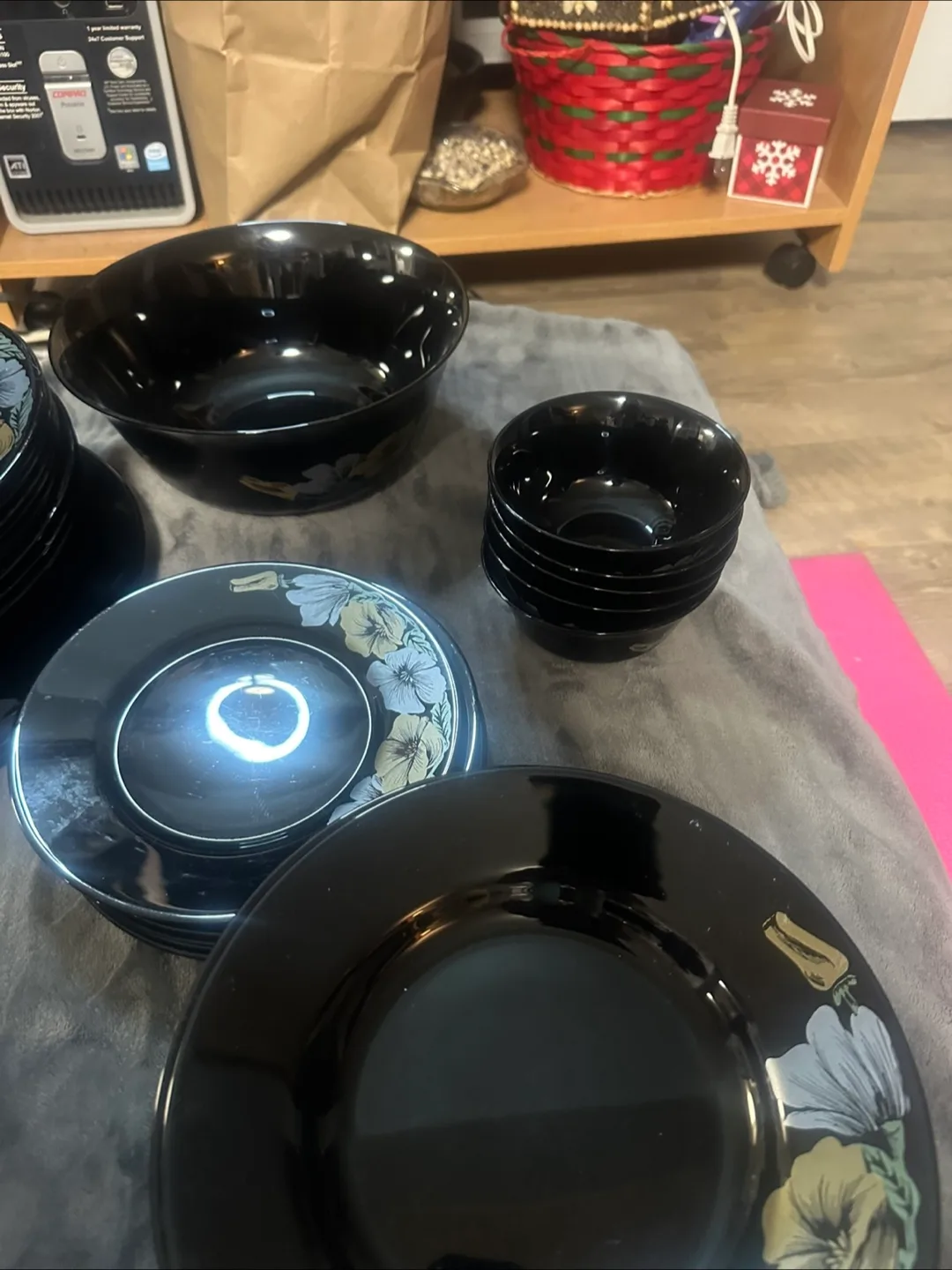 Vintage Black Glass Dinnerware Set with Floral Design image indicator(4)