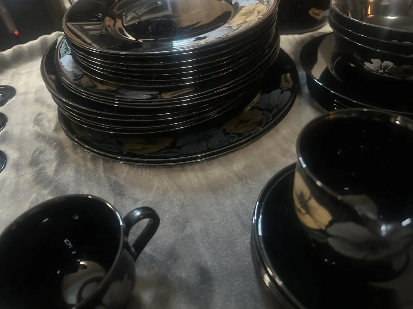 Vintage Black Glass Dinnerware Set with Floral Design image indicator(8)