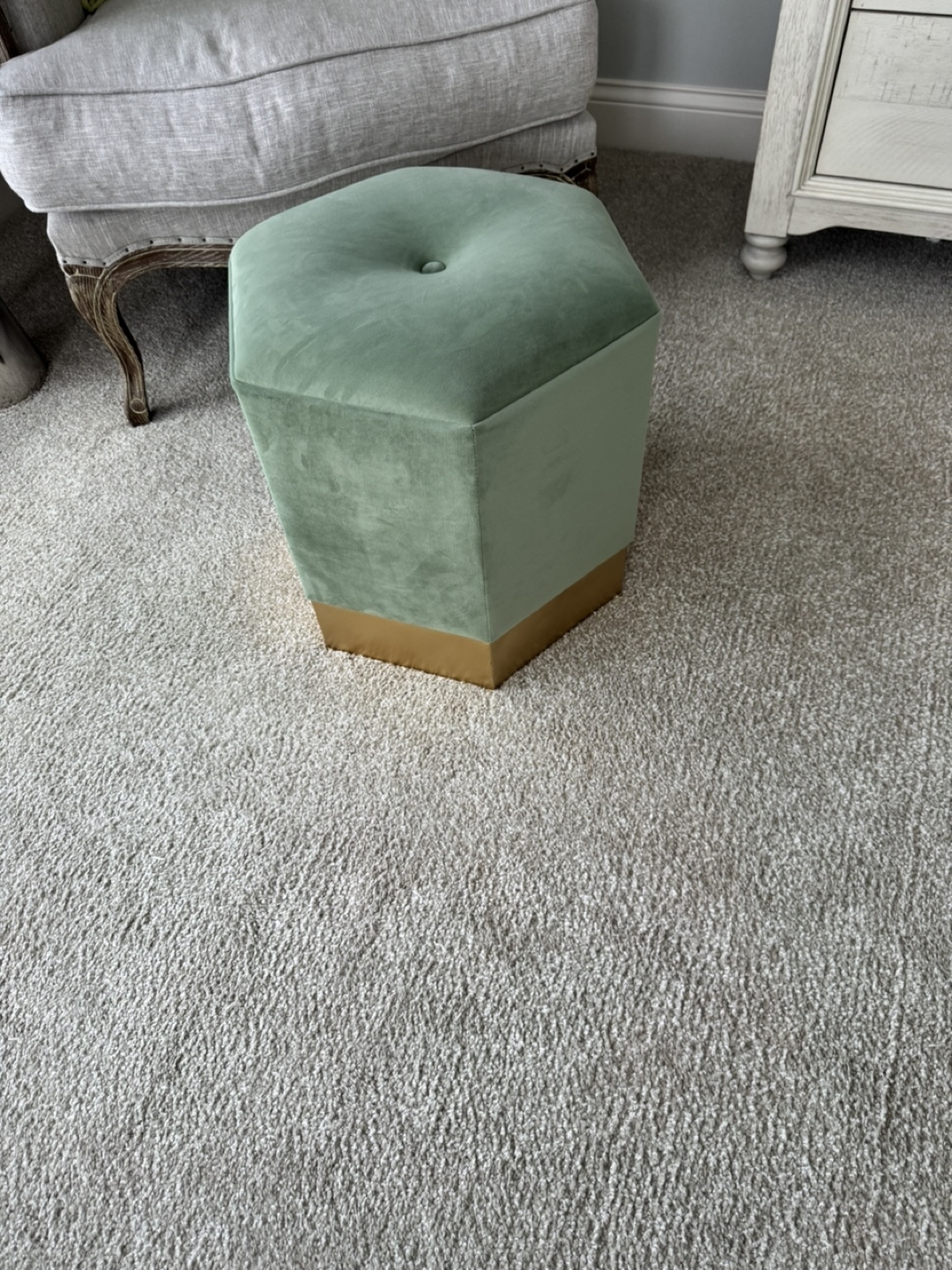 Hexagon Velvet Ottoman with Gold Base