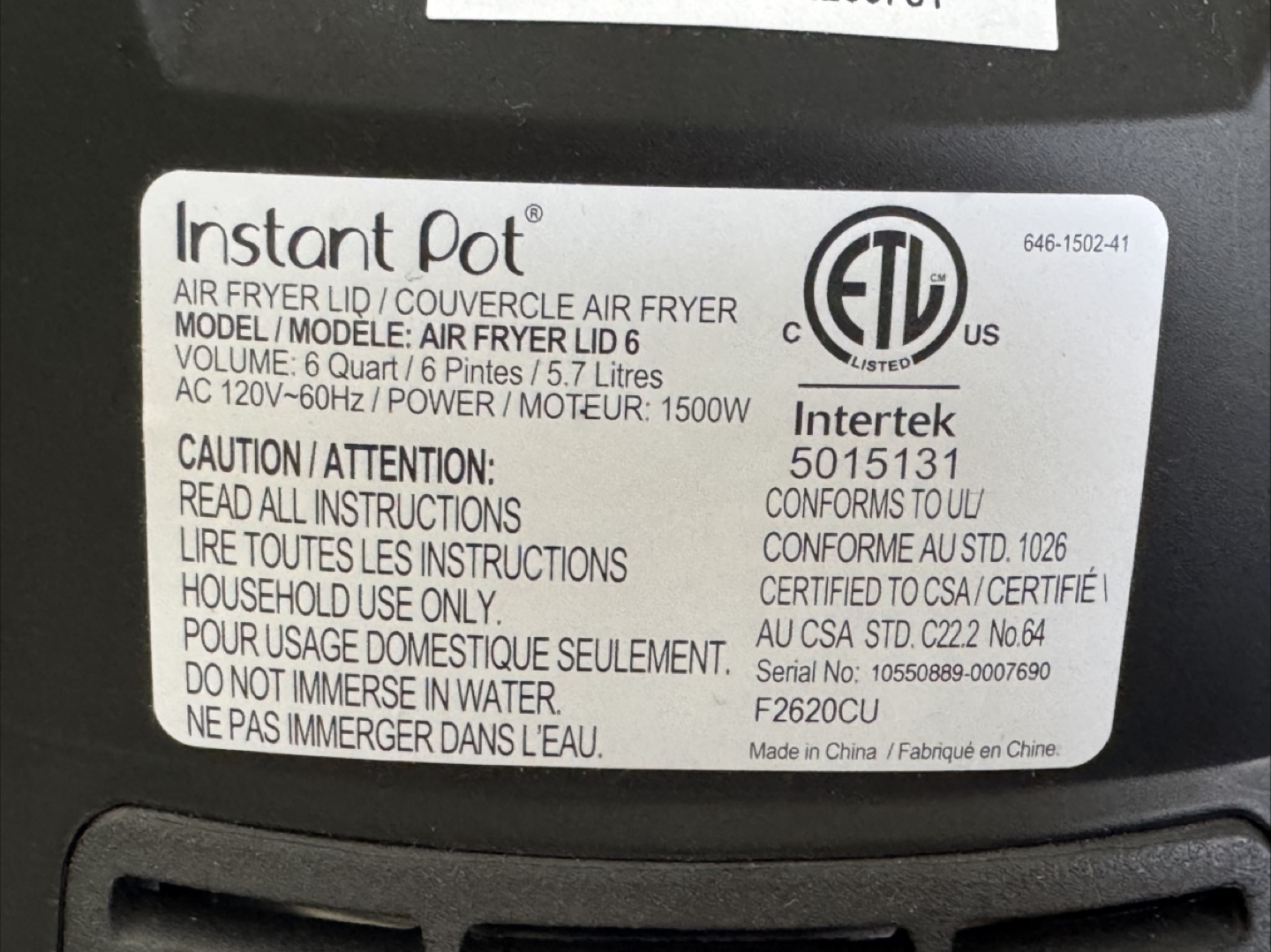 Instantpot Airfryer lid (Lid only) - photo 3