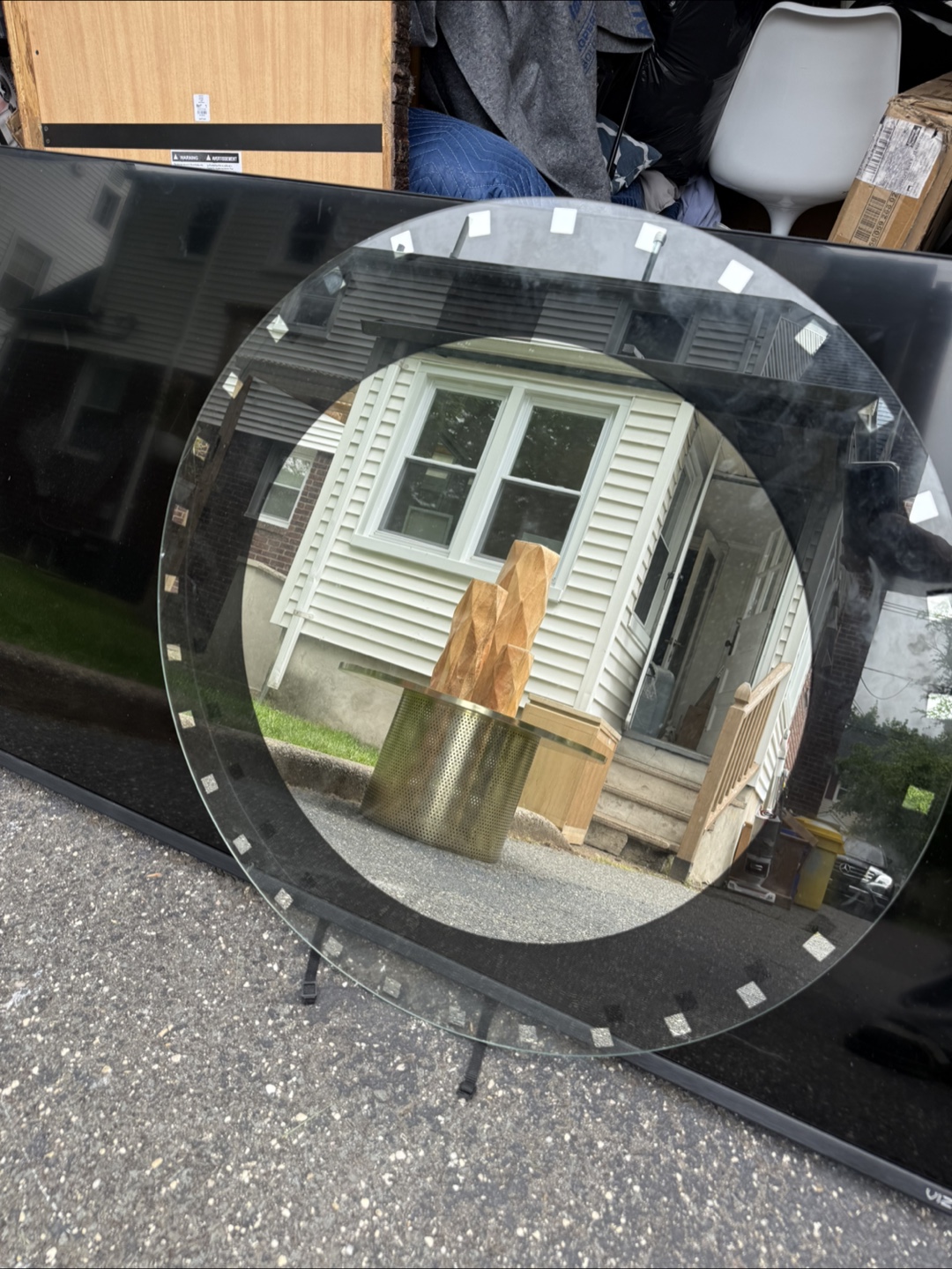 Large Round Glass Mirror with Black Accents