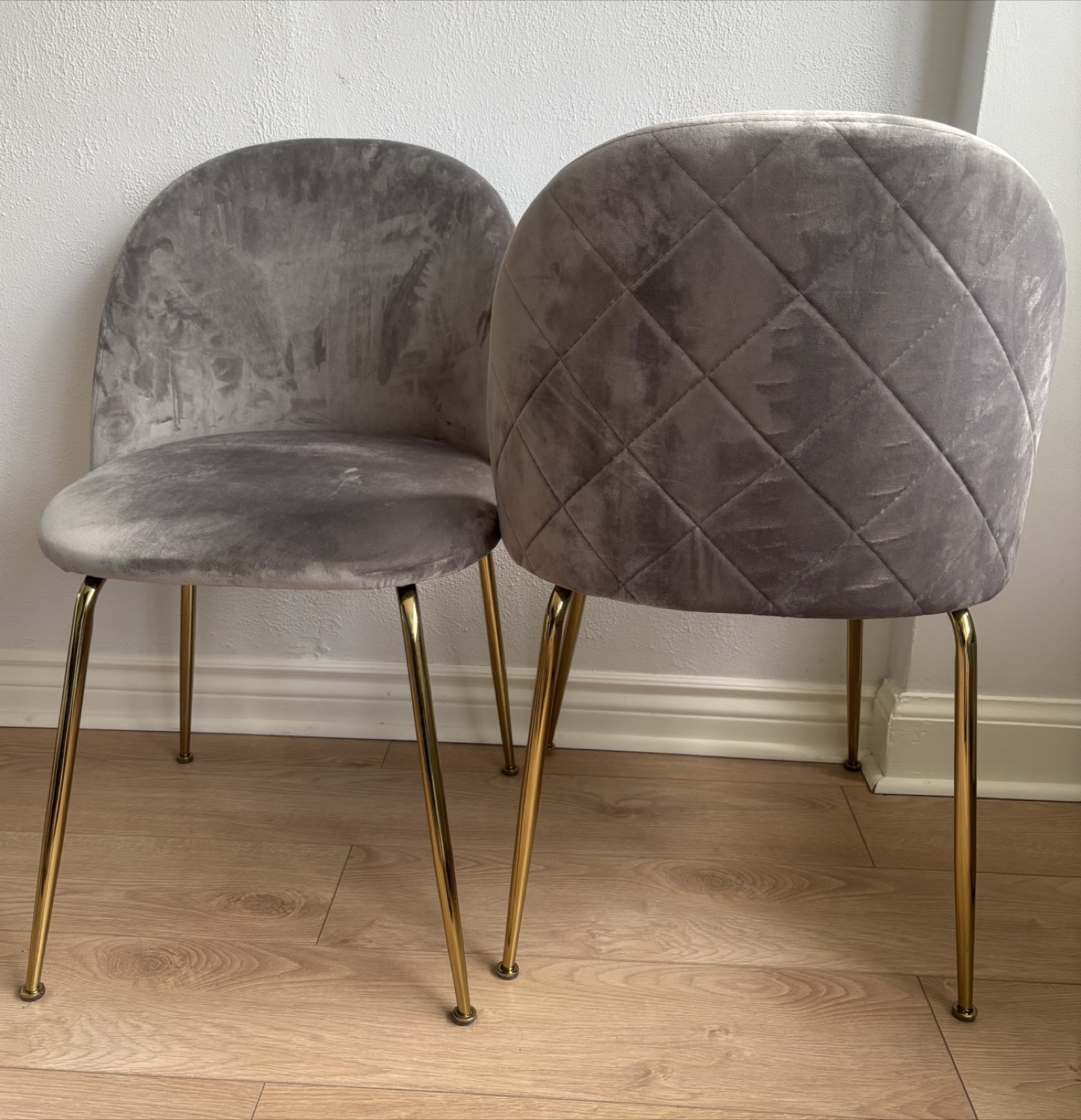 Pair of Grey Velvet Dining Chairs with Gold Legs