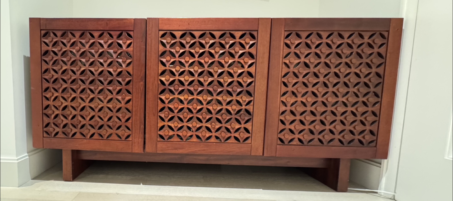 Mid-Century Modern Wooden Cabinet with Intricate Carving