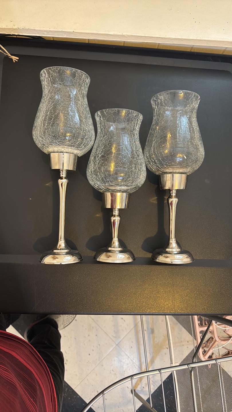 Set of Three Crackle Glass Candle Holders