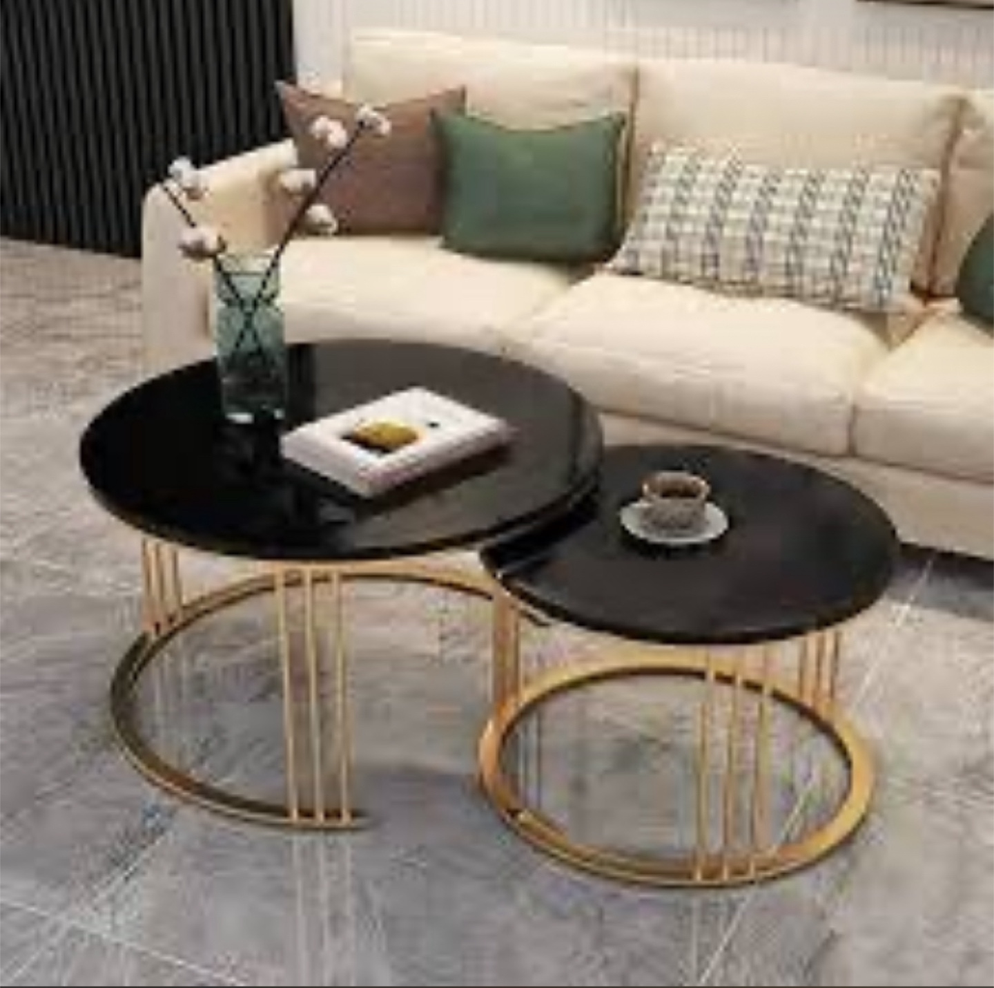2-Piece Coffee Table Set - Gold Metal Frame, Black Top