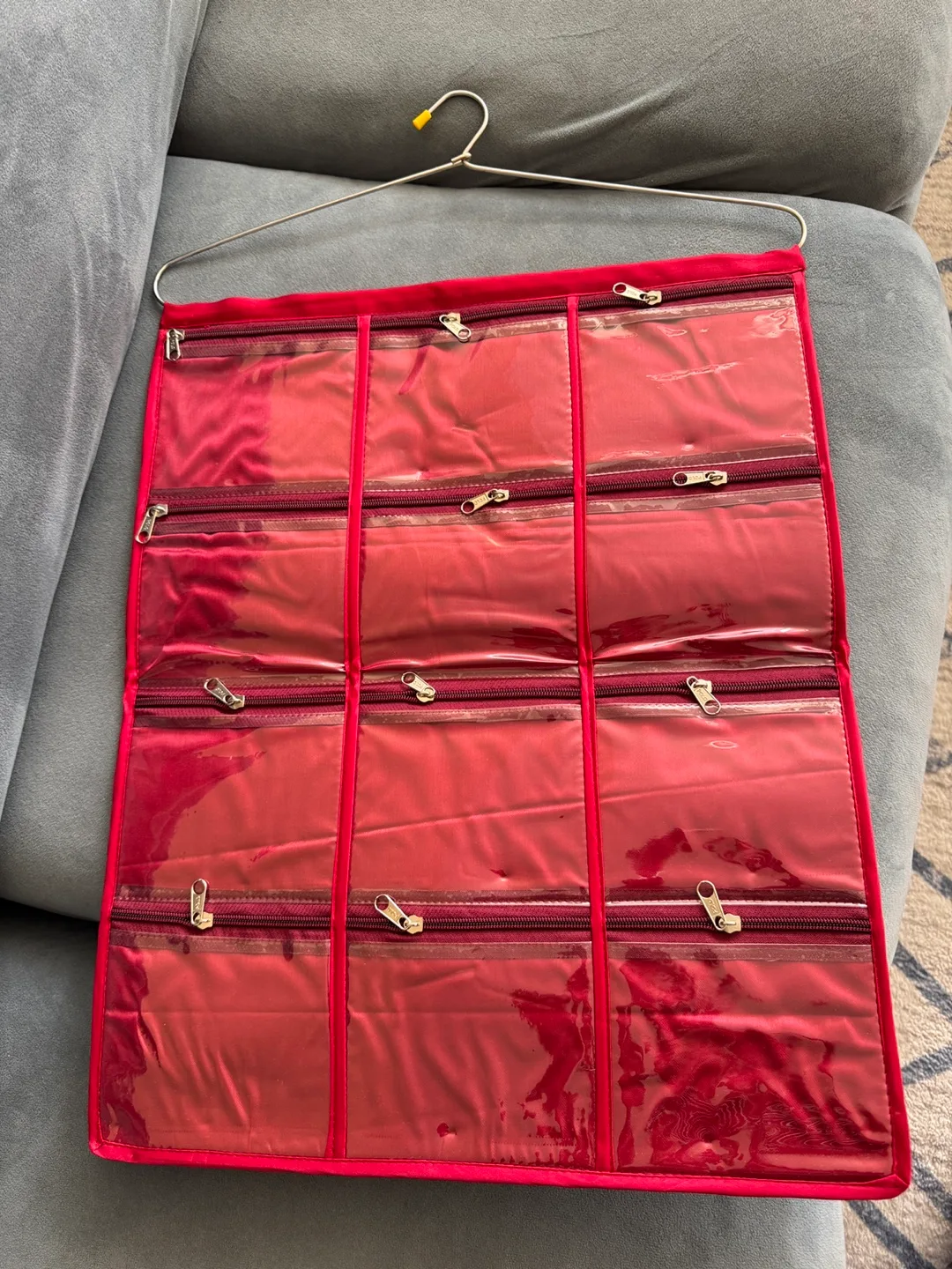 Red Hanging Jewellery Organizer with 12 Compartments thumbnail