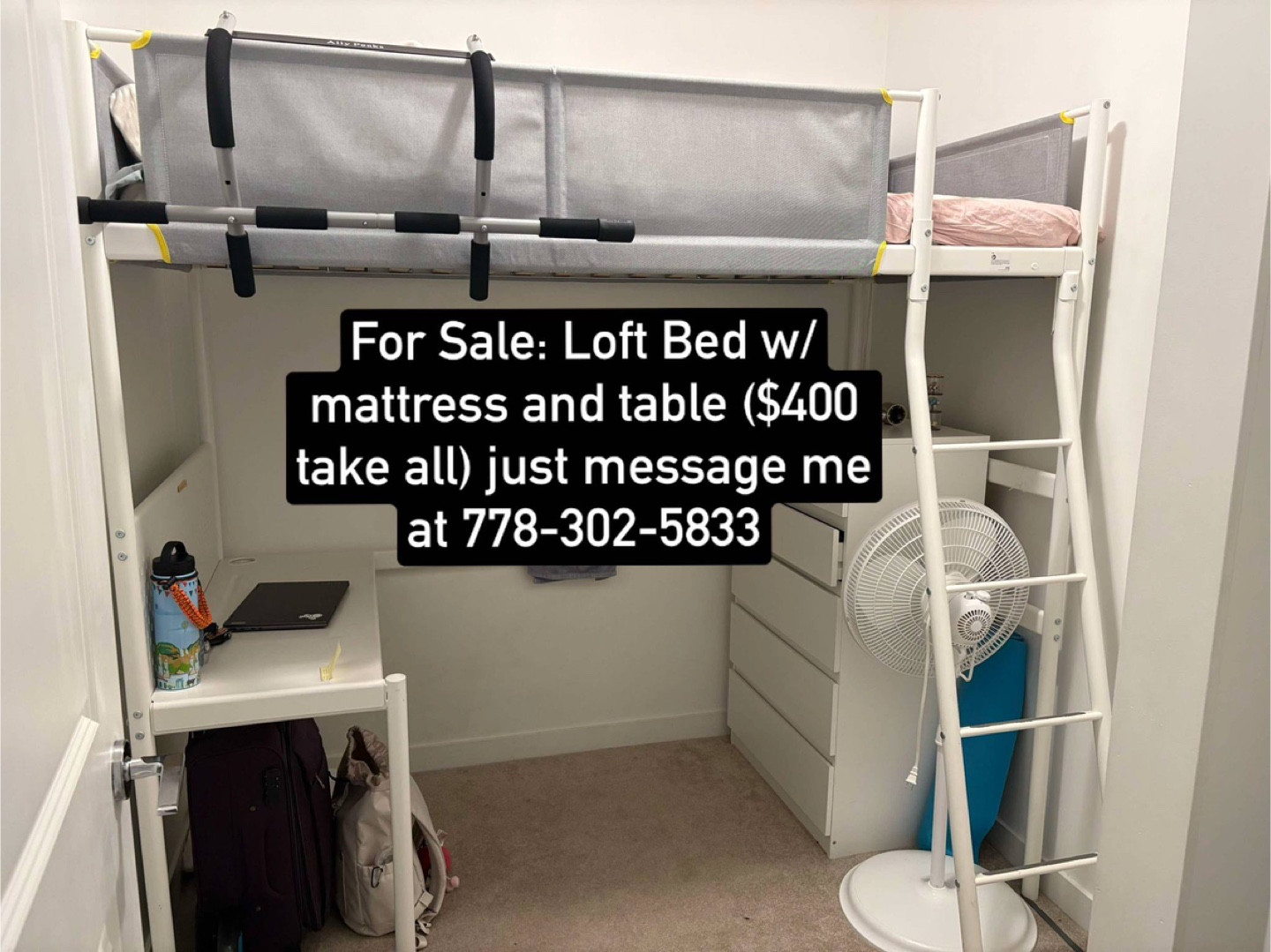 Loft Bed with Mattress, Desk & Pull-Up Bar