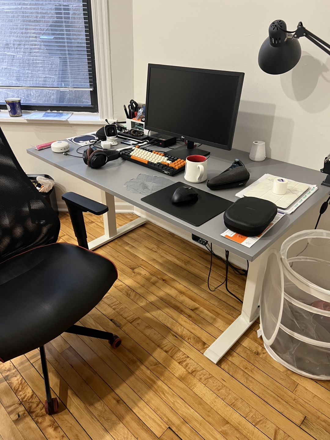 Gray Electric Standing Desk with Accessories