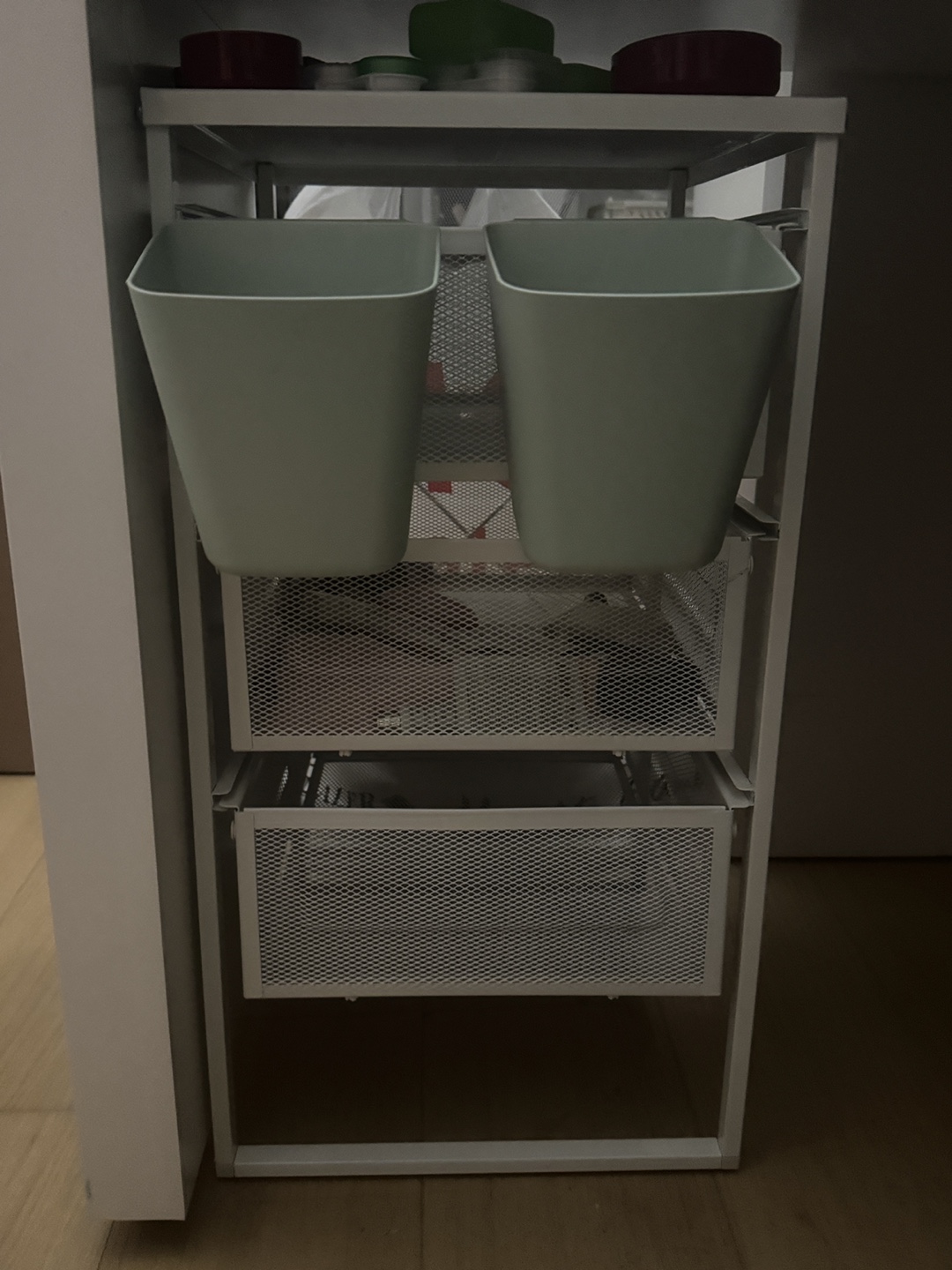 IKEA White 3-Drawer unit with 2 Mint Green Bins
