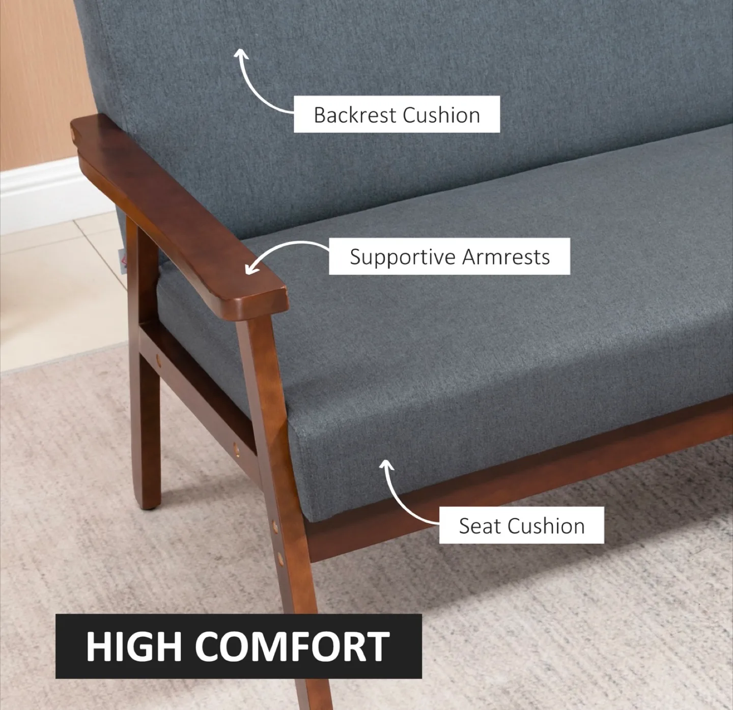 Mid-Century Modern Loveseat, Grey Fabric & Dark Wood image indicator(4)