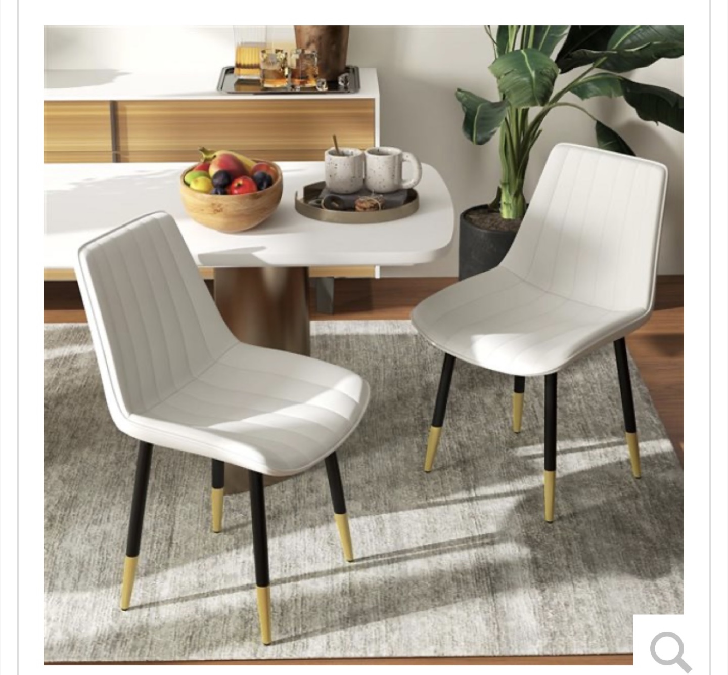 Set of 2 White PU Leather Dining Chairs with Gold Accents