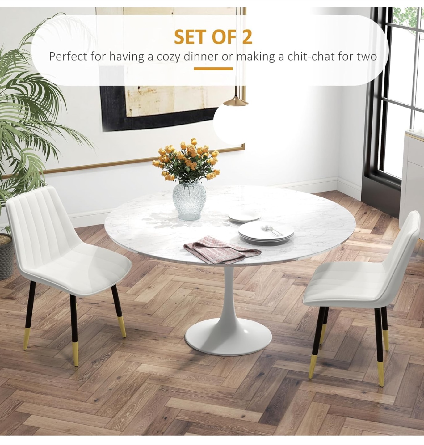 Set of 2 White PU Leather Dining Chairs with Gold Accents - photo 4
