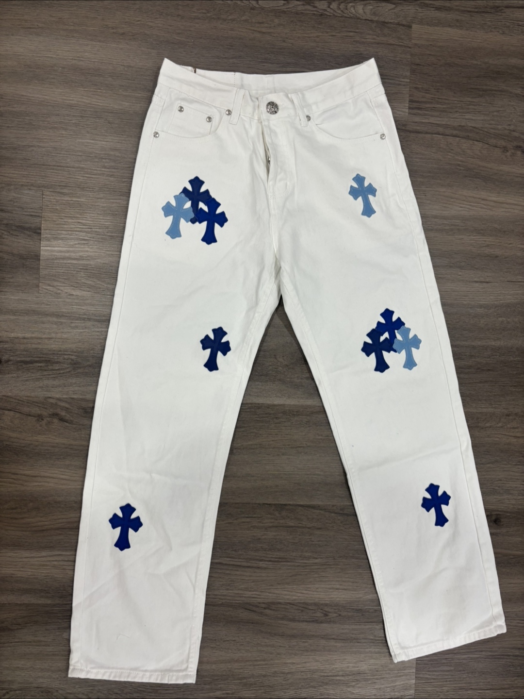 Chrome Hearts White Denim Jeans with Blue Cross Patches