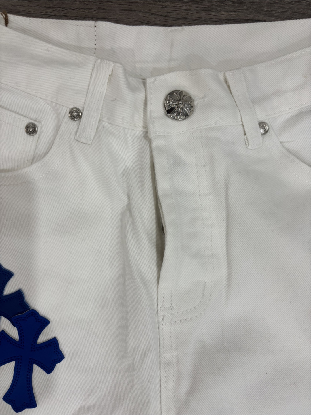 Chrome Hearts White Denim Jeans with Blue Cross Patches - photo 3